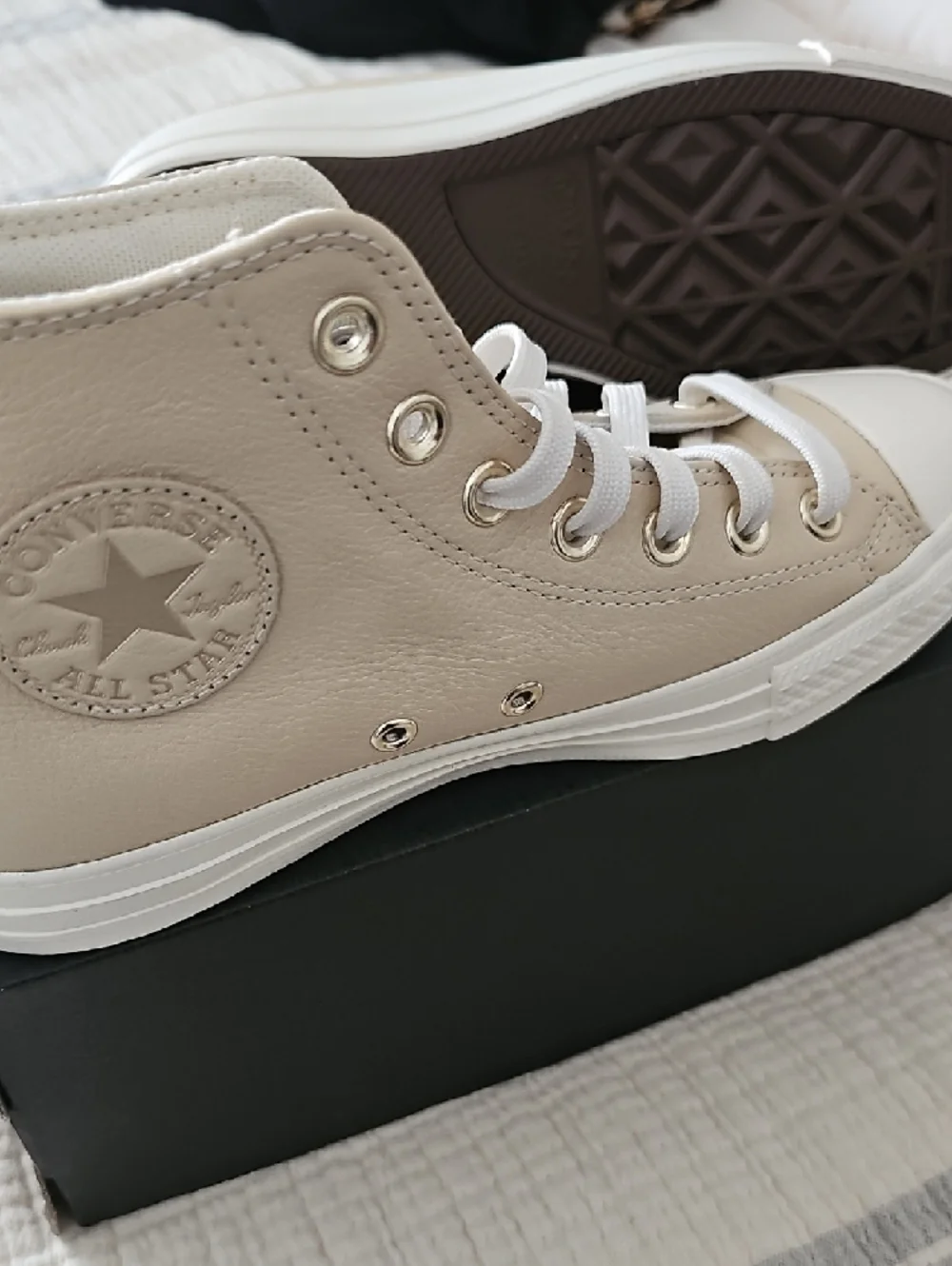 Converse Women's Leather High-Top Sneakers in Beige and White - Picture 3 of 5